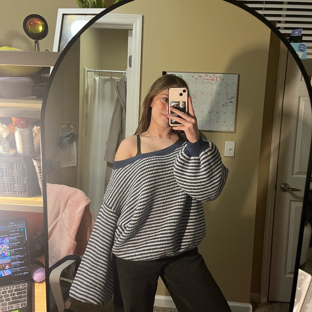 White Fox Boutique Navy and White Off-Shoulder Sweater